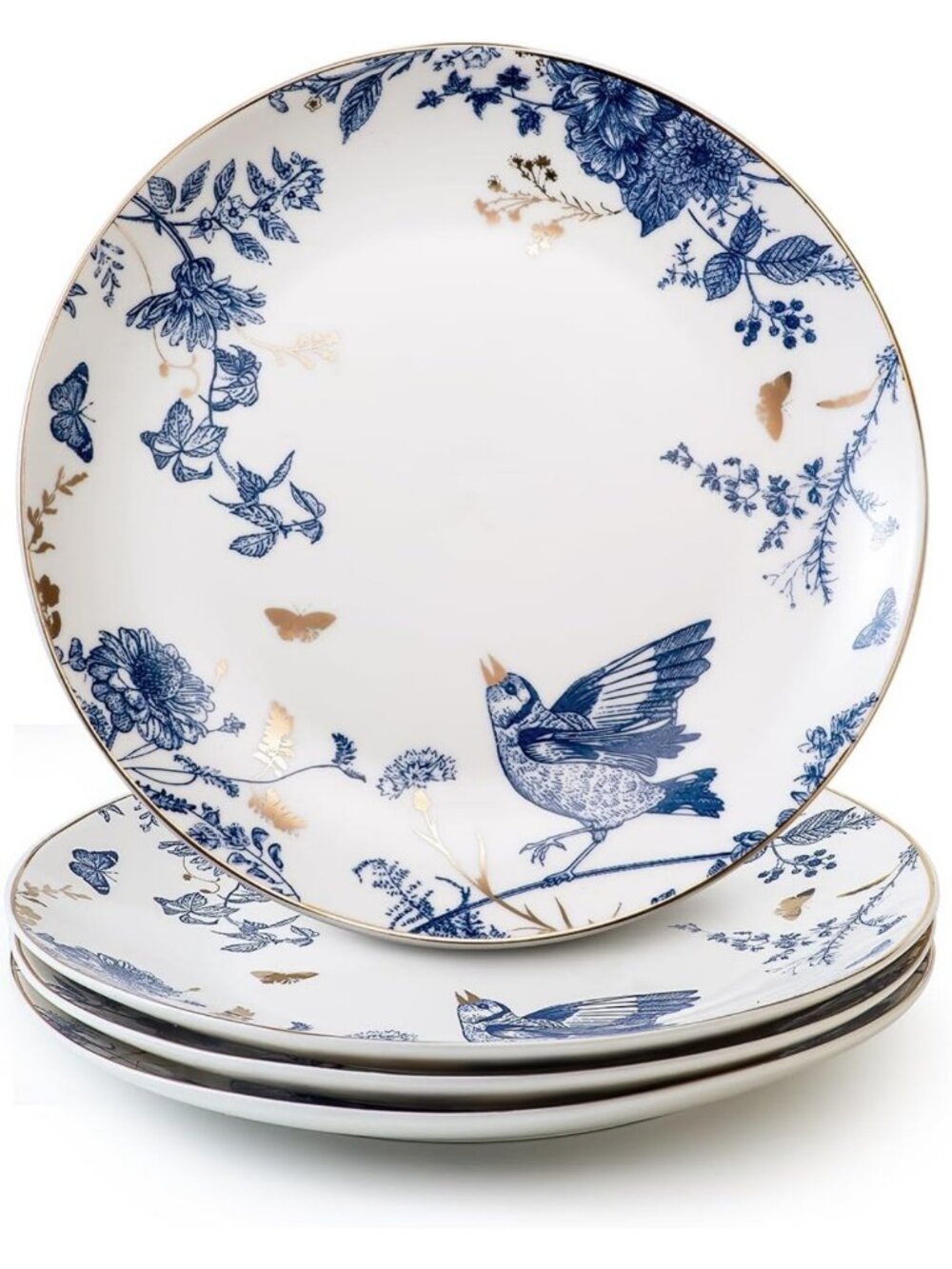 Set of 4 Blue & White Floral Ceramic Salad Plates - 10 Inch Dinnerware for